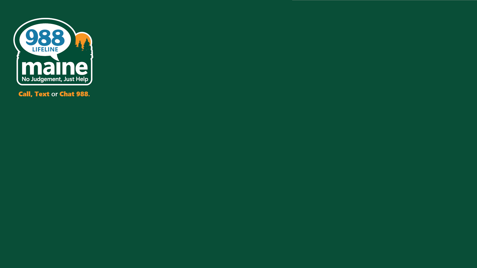 A forest-green zoom background with 988 Maine in the top left corner