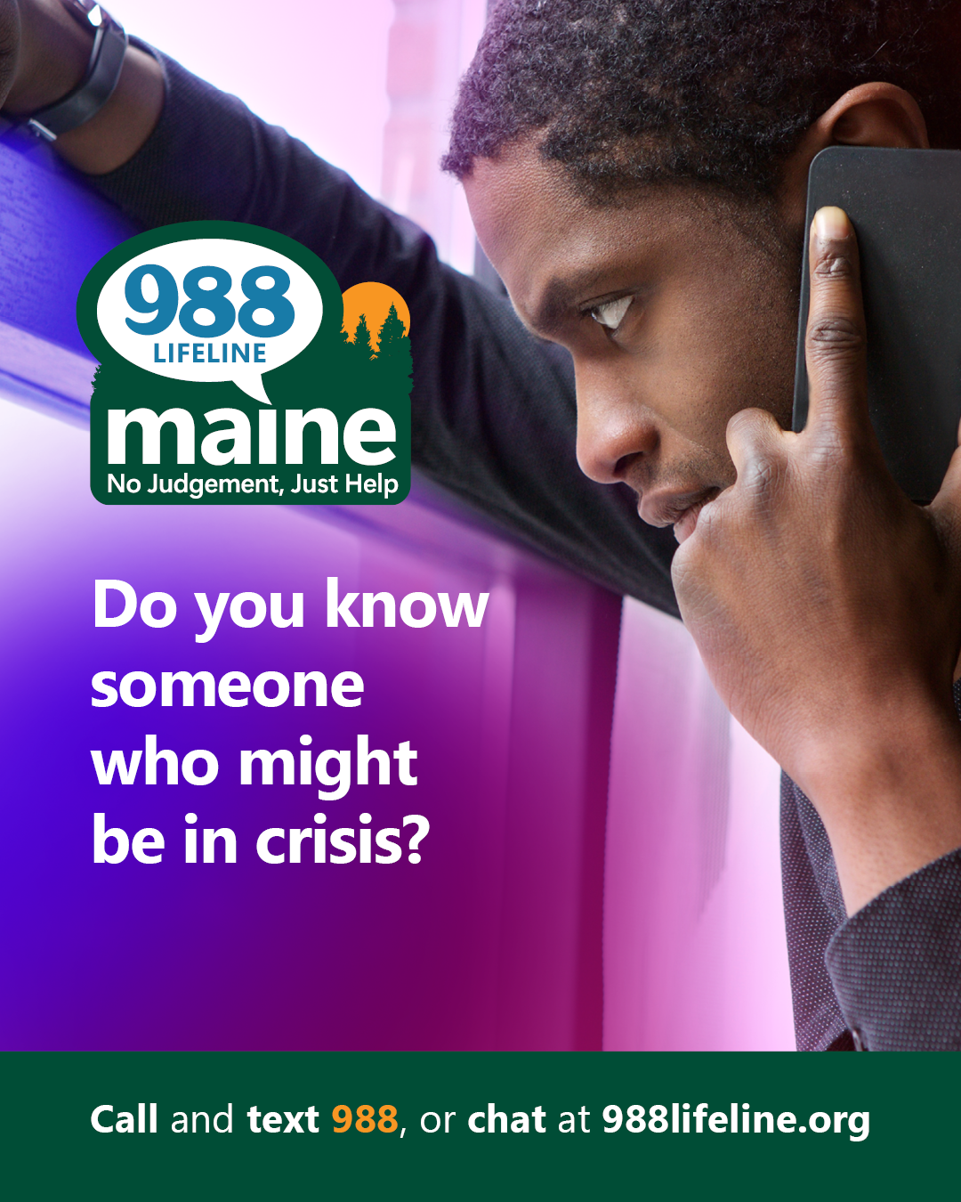 A flyer featuring a man on the phone looking out a window
